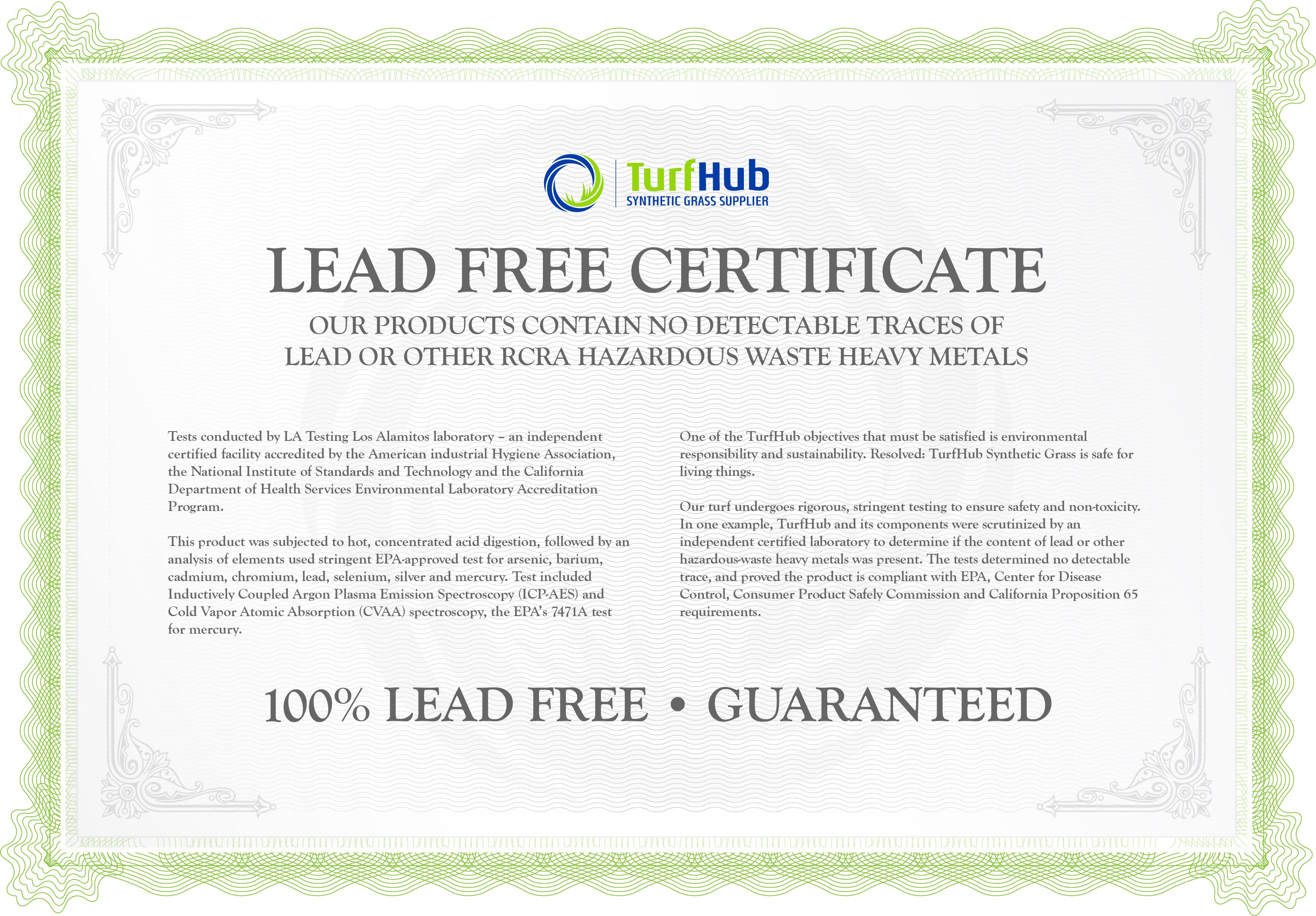 turfhub lead free certificate